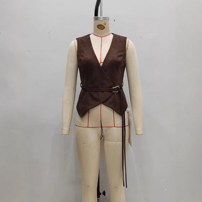 Suede Vest Top Fashionable Retro Warm Cross-Over Waistcoat