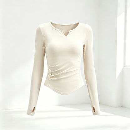 Small V-neck Pleated-waist Long-sleeve Womens Top