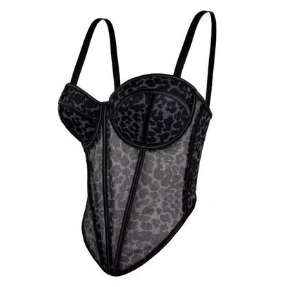Sexy Leopard Dot Pattern Stitching Bra Sling High-end Sense Inner Mesh Lace Perspective Outer Wear Fishbone Bra
