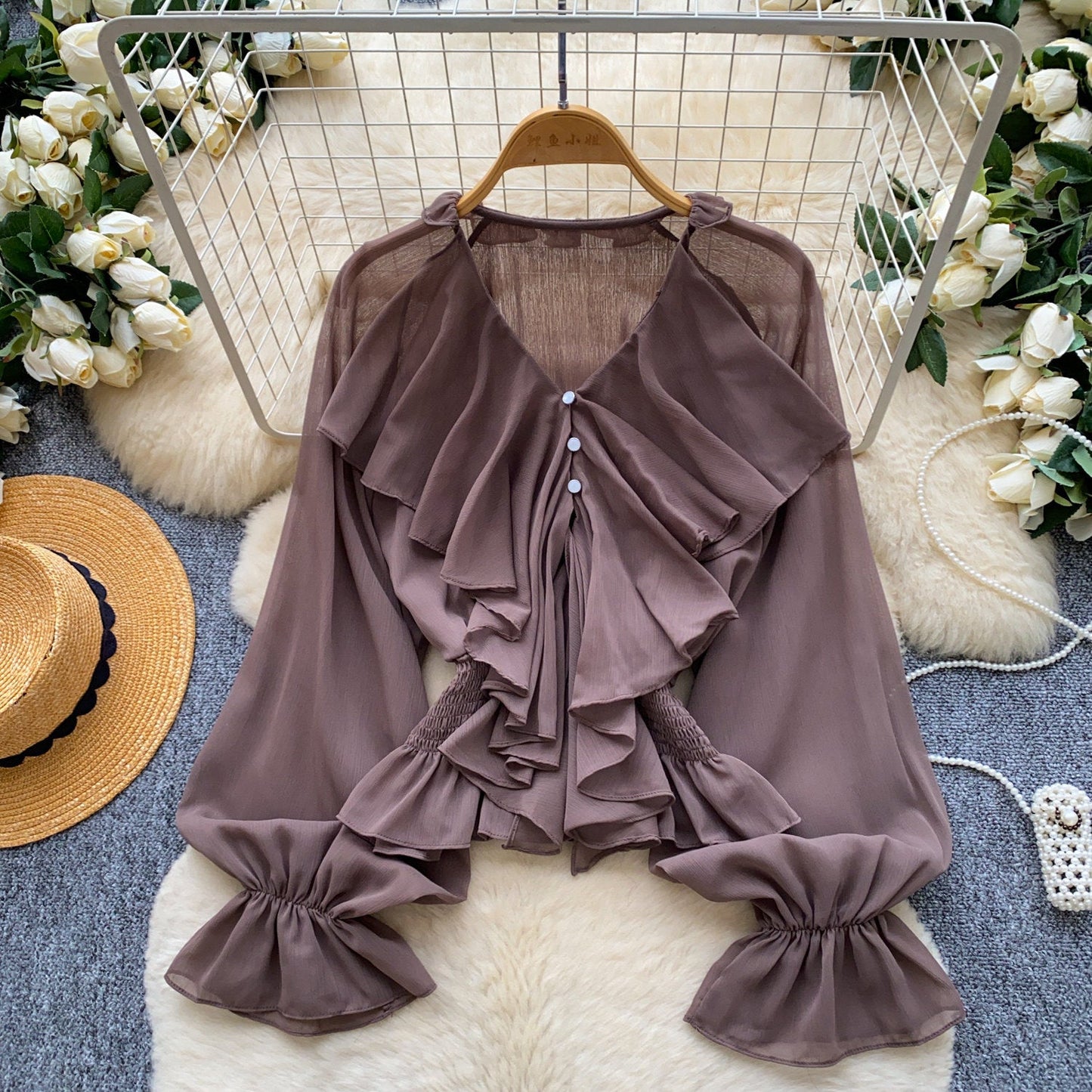 Womens Solid-color Loose-fitting Breathable Ruffled-edge Blouse