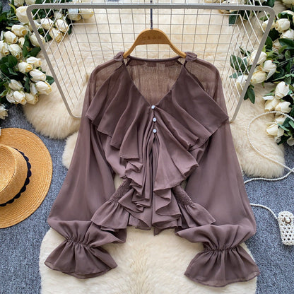 Womens Solid-color Loose-fitting Breathable Ruffled-edge Blouse