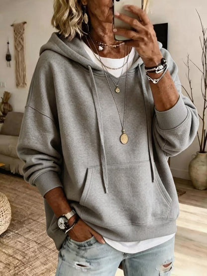 Women Casual Solid Pullover Hoodie Long Sleeve Drop Shoulder Sweatshirt With Drawstring & Kangaroo Pocket Loose Fit Tops