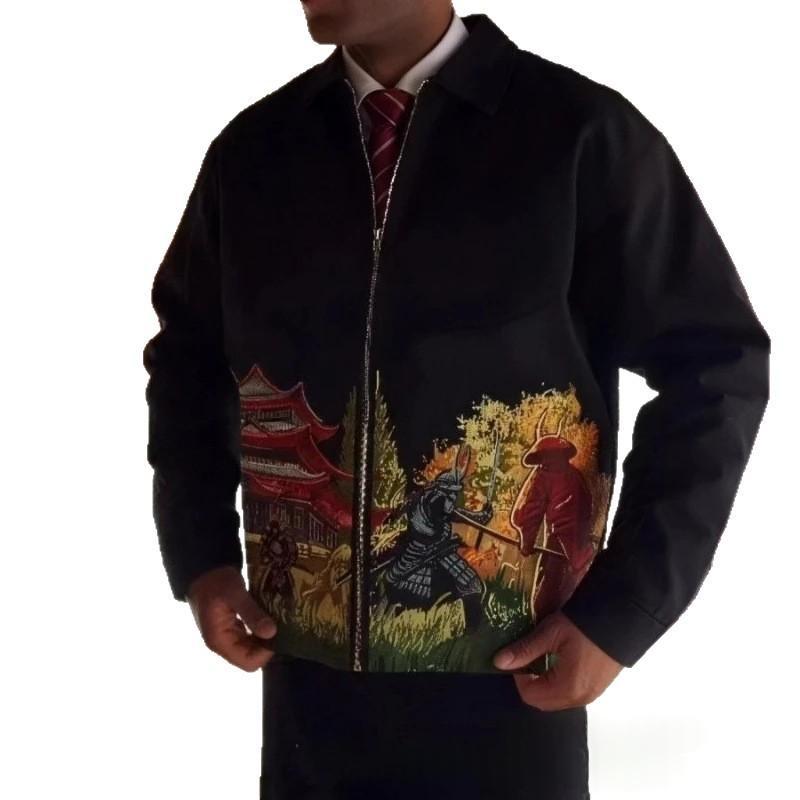 Heavy-duty Embroidered Lapel Zip-up Jacket