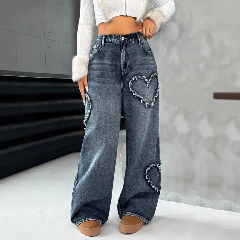 Street-style Washed-and-distressed Loose Straight-leg Pants