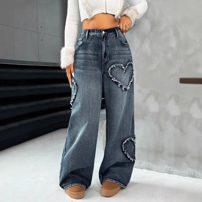 Street-style Washed-and-distressed Loose Straight-leg Pants