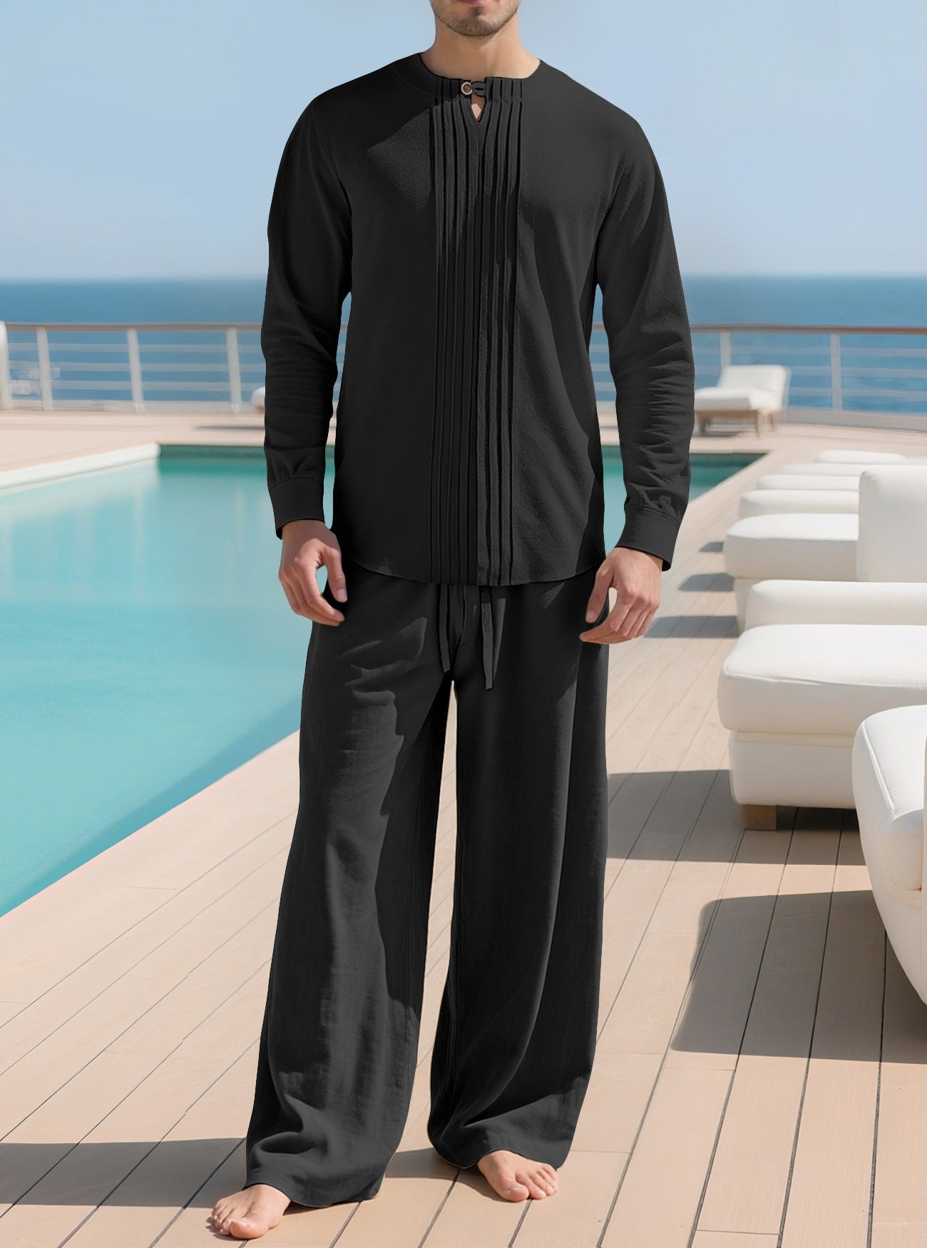 Buttoned Long Sleeve Robe And Straight-leg Pants Mens Suit