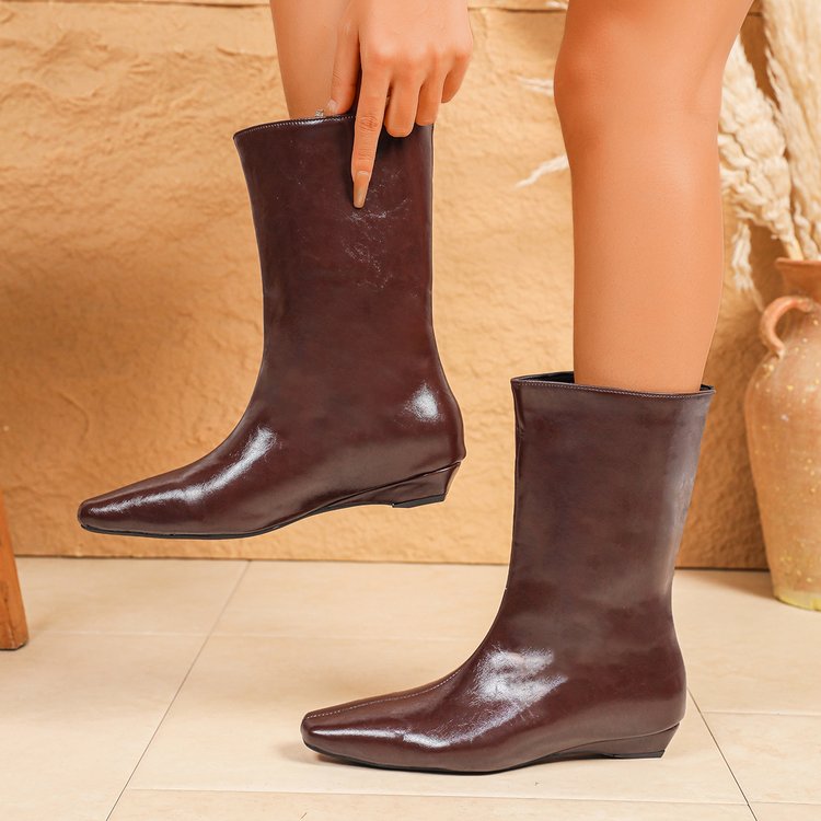 Women's Stylish Elegant Square Toe Wedge Wide Straight Shaft Ankle Boots, New Autumn & Winter Black Simple Versatile Mid-Calf Boots