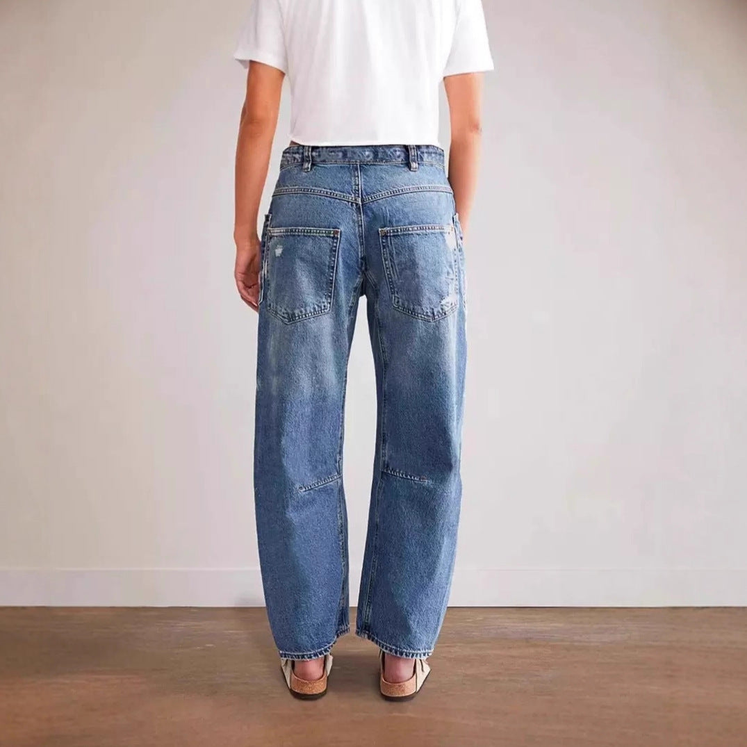 Retro Patchwork Wide Ocketed Distressed Jeans