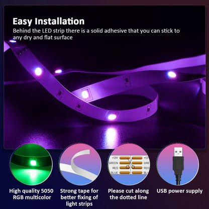 Vivid ColorRGB 5050 LED Strip Light: Bluetooth App-Controlled, USB-Powered, Flexible Ribbon Tape for TV Backlight with 16 Million Colors