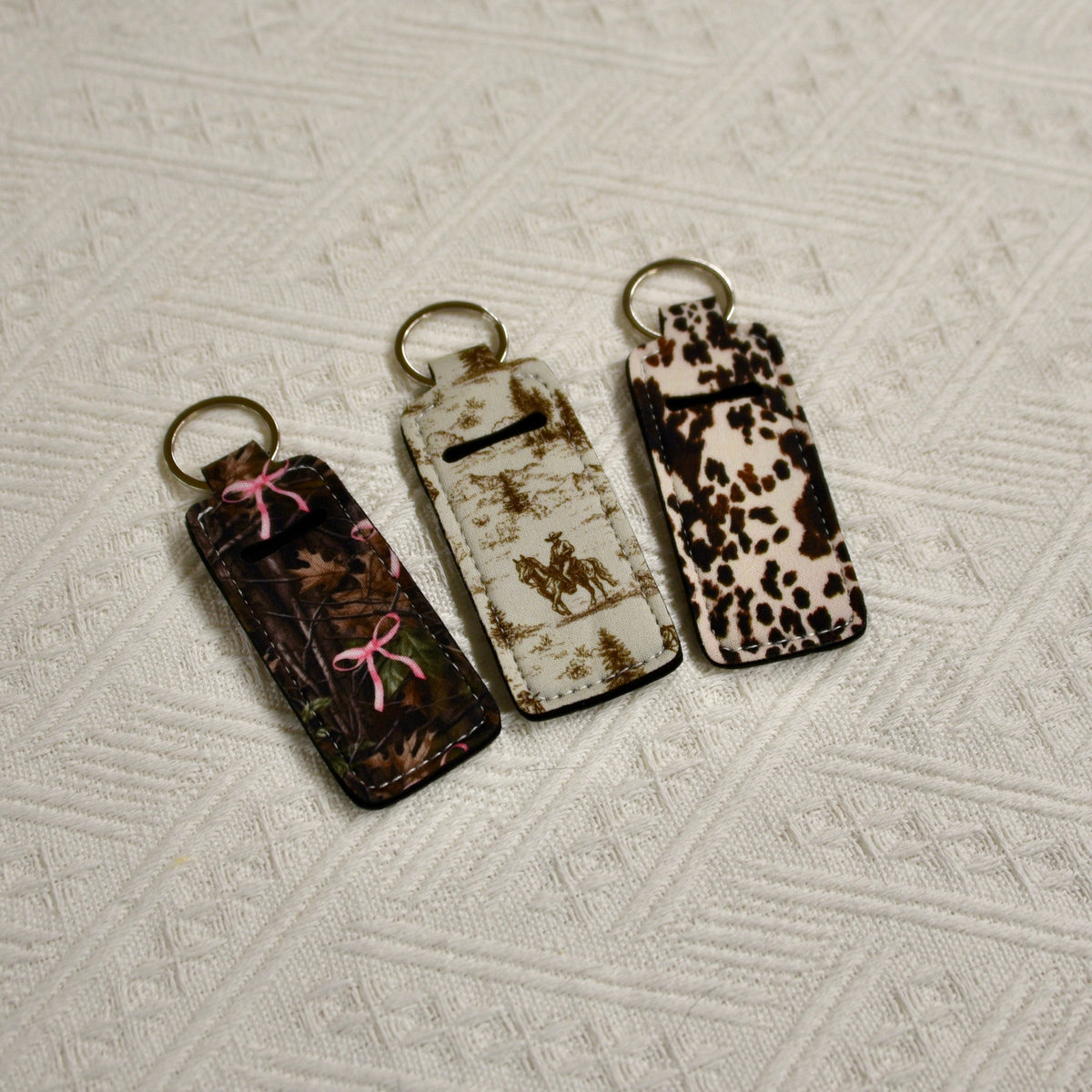 Chapstick Holder Keychain – Cow Print, Camo Pink Bow, Cowboy Toile, Barn Toile, croquette, duck, moon