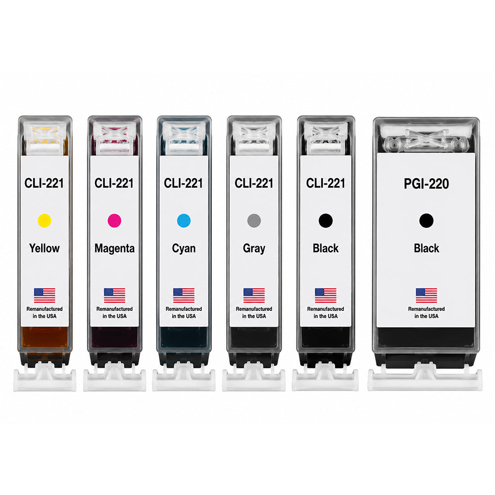 U.S. Remanufactured for Canon 1 PGI-220 Black / CLI-221 1 Black, 1 Gray, 3 Colors Ink Cartridges 6-Pack