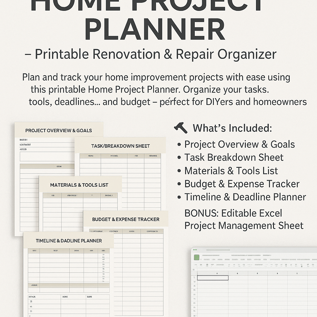 Home Project Planner – Printable Renovation & Repair Organizer