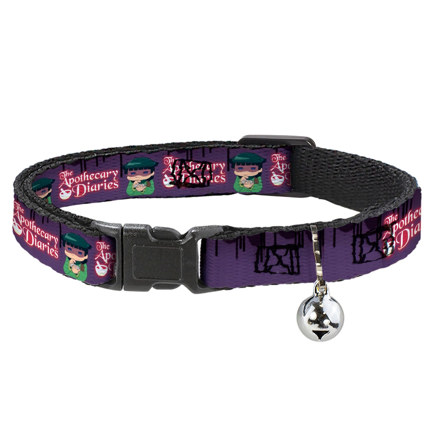 Breakaway Cat Collar with Bell - THE APOTHECARY DIARIES Chibi Maomao Pose and Title Logo Purple