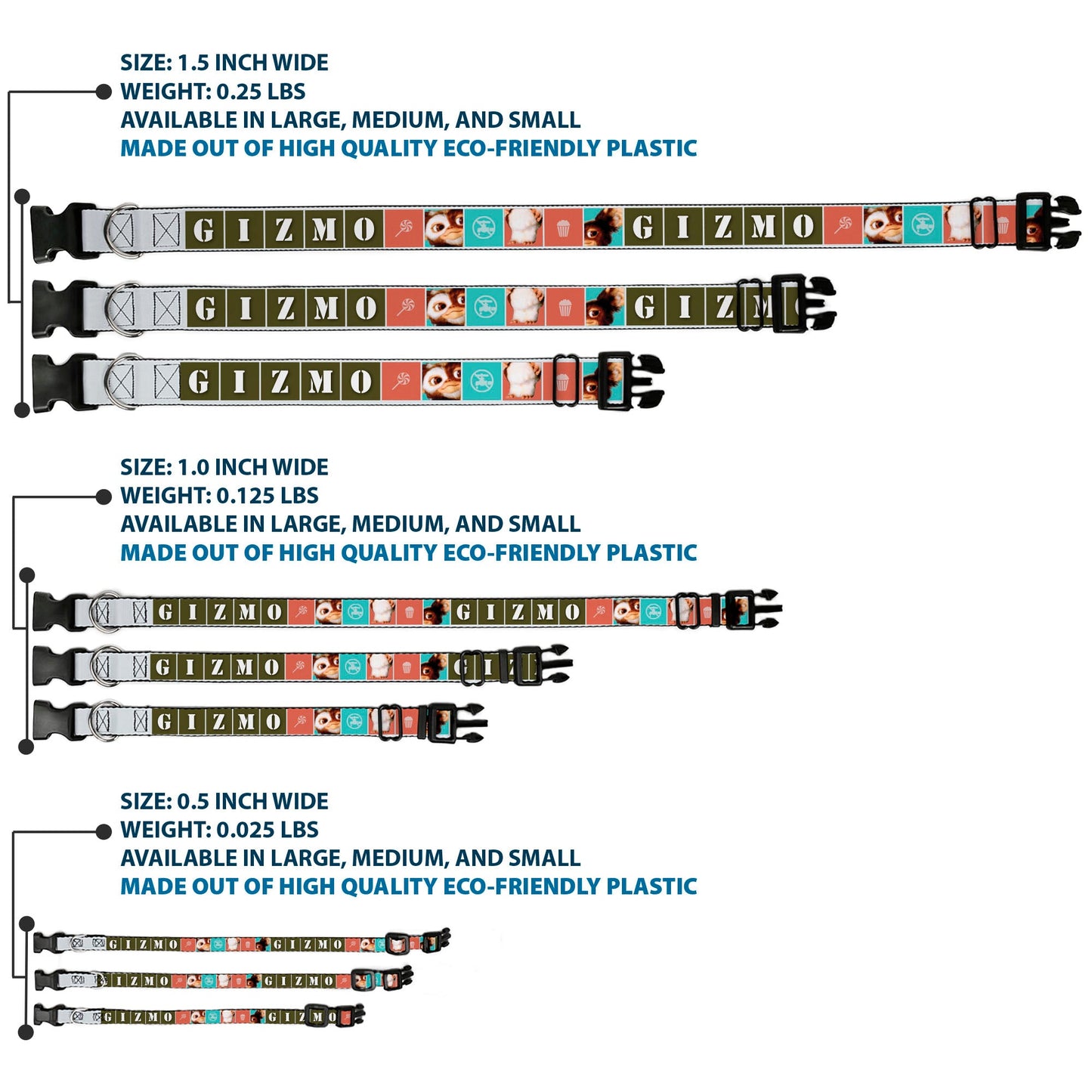 Plastic Clip Collar - Gremlins GIZMO Text and Pose Blocks White/Multi Color