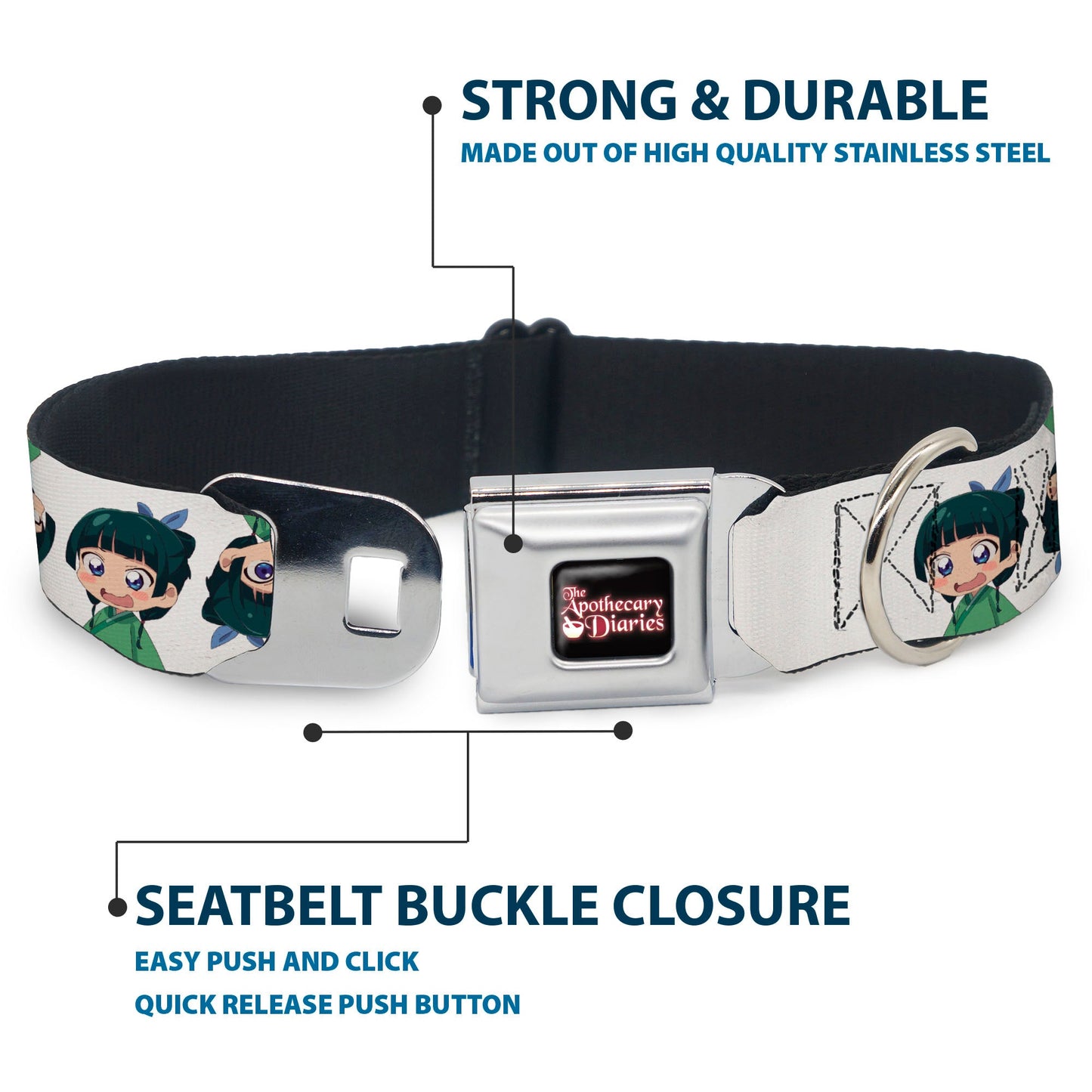 THE APOTHECARY DIARIES Title Logo Full Color Black/Red/White Seatbelt Buckle Collar - The Apothecary Diaries Chibi Maomao Expressions Flip White