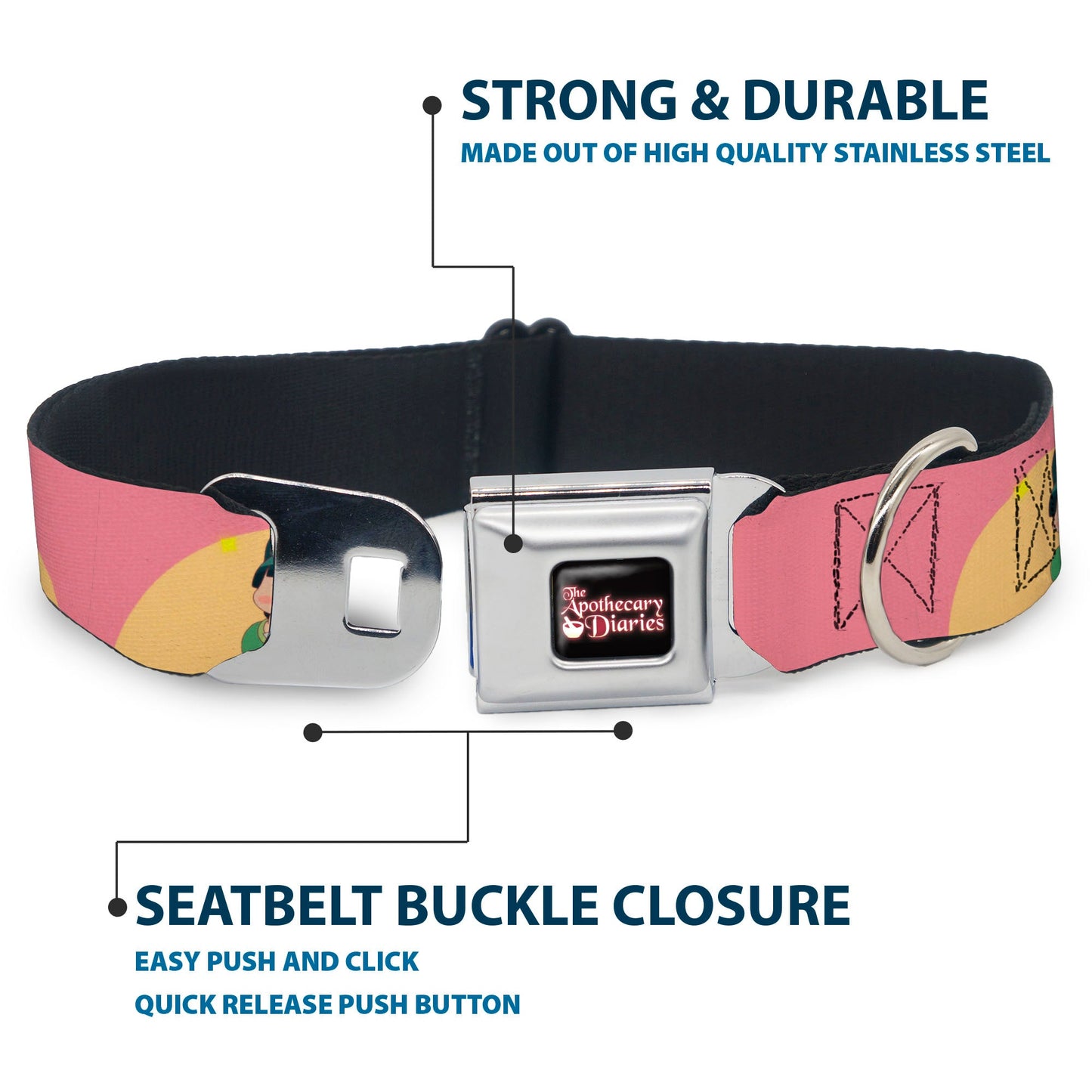 THE APOTHECARY DIARIES Title Logo Full Color Black/Red/White Seatbelt Buckle Collar - The Apothecary Diaries Chibi Maomao Cat Pose Pink/Yellow