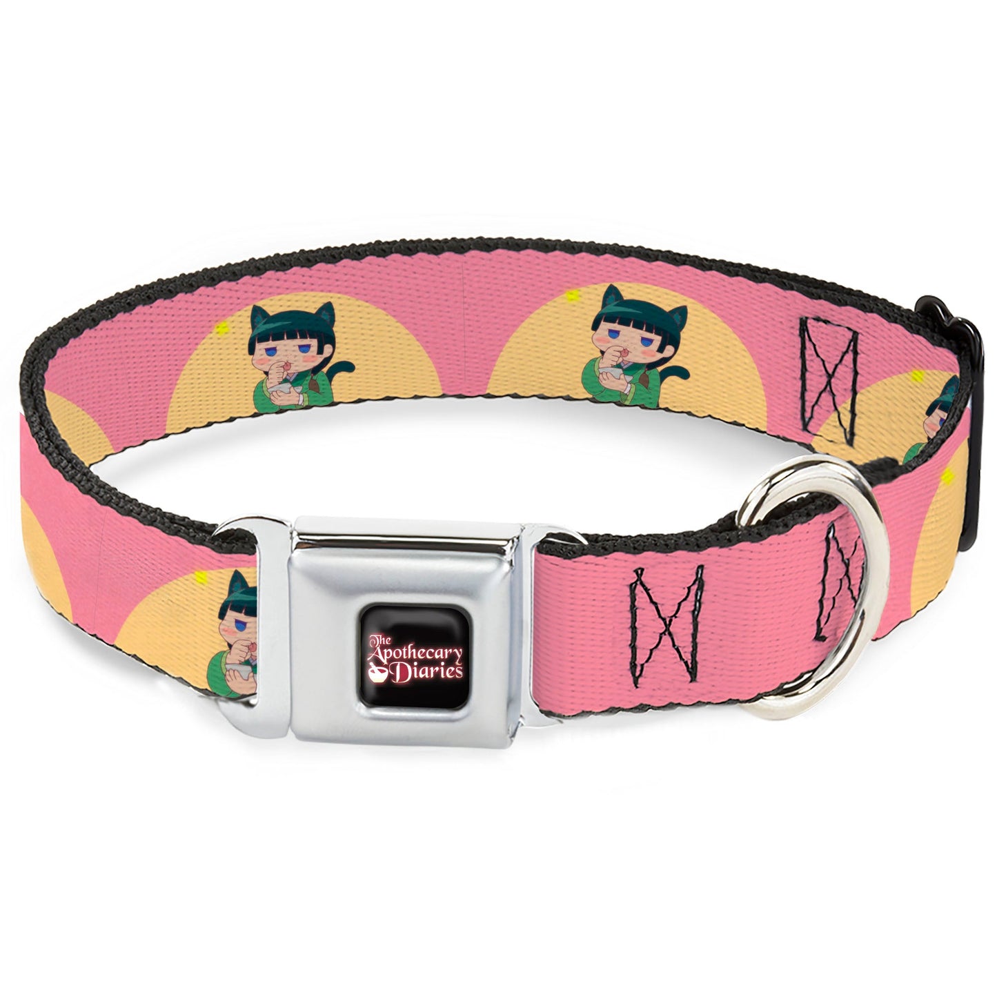 THE APOTHECARY DIARIES Title Logo Full Color Black/Red/White Seatbelt Buckle Collar - The Apothecary Diaries Chibi Maomao Cat Pose Pink/Yellow