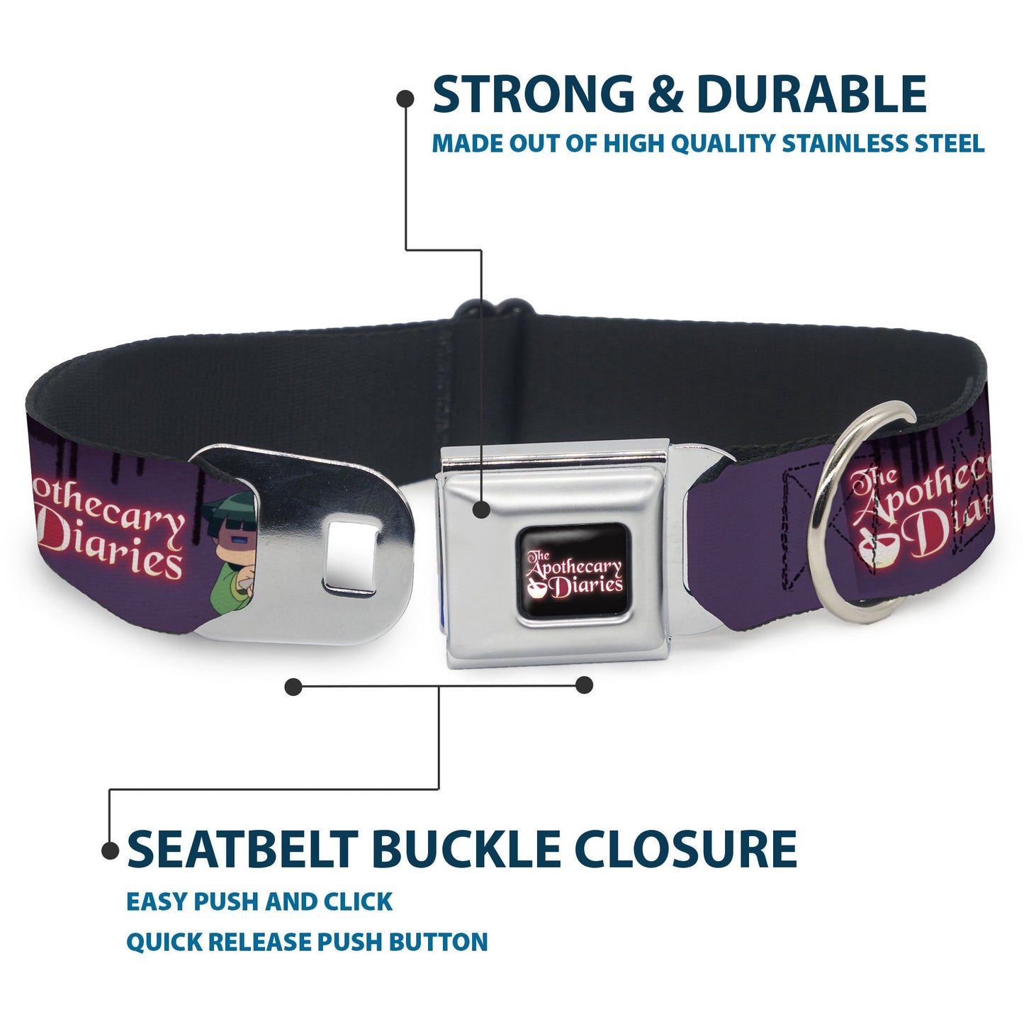 THE APOTHECARY DIARIES Title Logo Full Color Black/Red/White Seatbelt Buckle Collar - THE APOTHECARY DIARIES Chibi Maomao Pose and Title Logo Purple