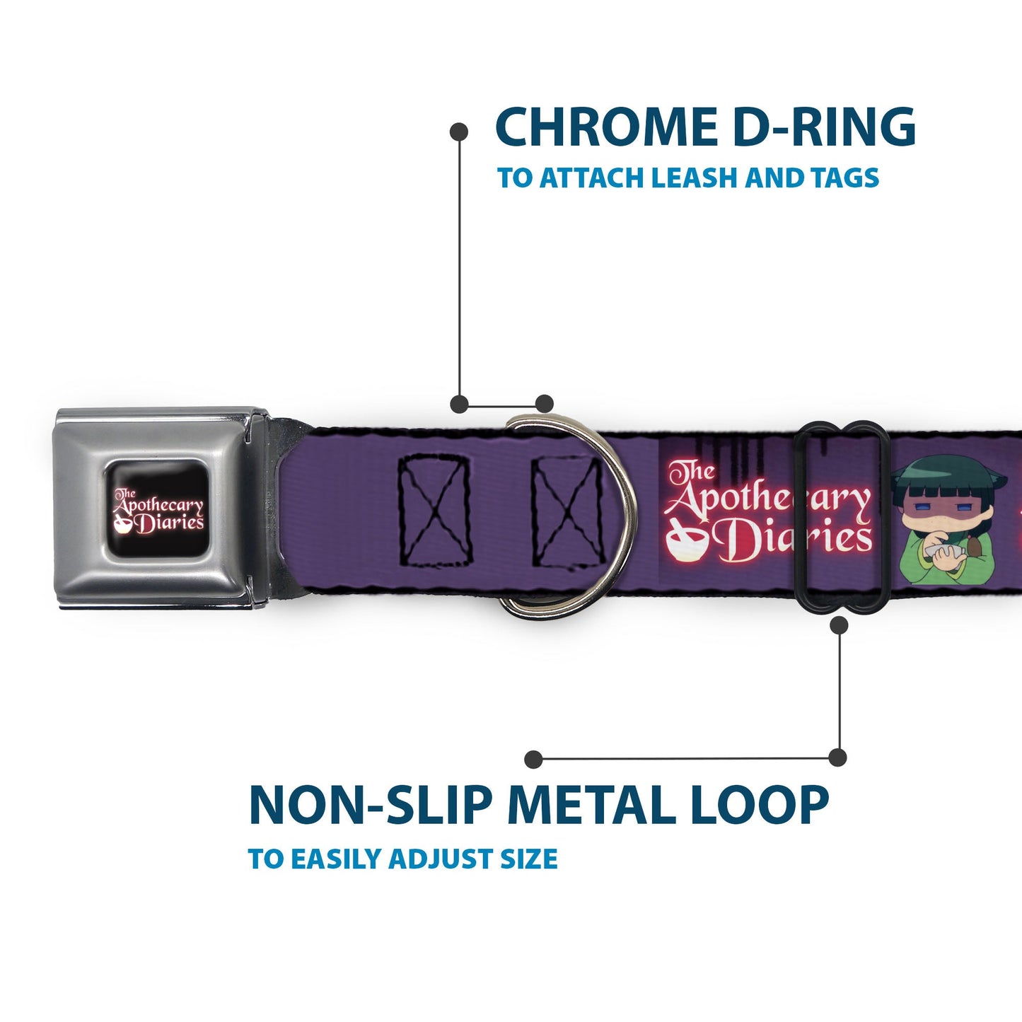 THE APOTHECARY DIARIES Title Logo Full Color Black/Red/White Seatbelt Buckle Collar - THE APOTHECARY DIARIES Chibi Maomao Pose and Title Logo Purple