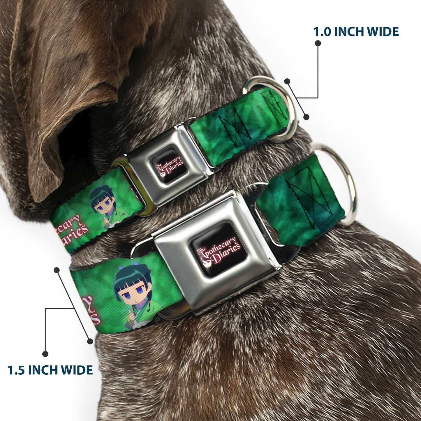 THE APOTHECARY DIARIES Title Logo Full Color Black/Red/White Seatbelt Buckle Collar - THE APOTHECARY DIARIES Maomao Grinding Pose and Title Logo Greens