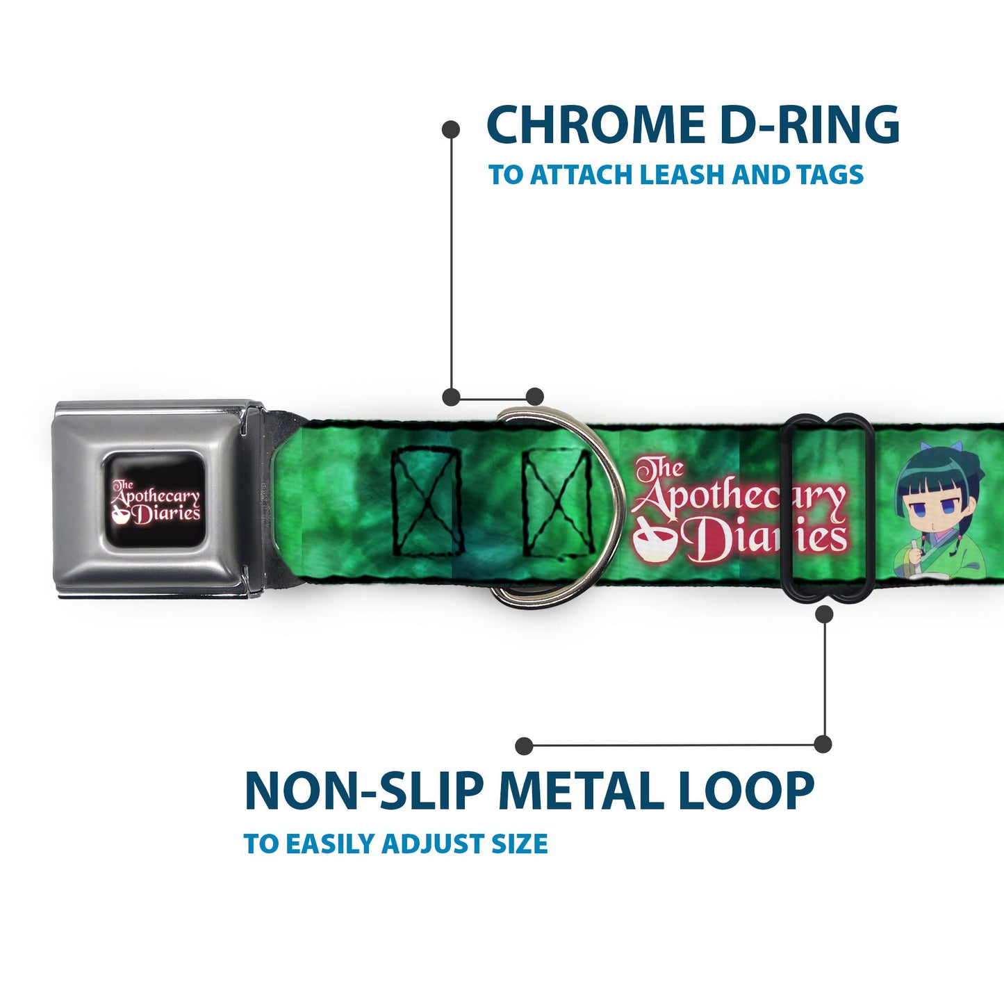 THE APOTHECARY DIARIES Title Logo Full Color Black/Red/White Seatbelt Buckle Collar - THE APOTHECARY DIARIES Maomao Grinding Pose and Title Logo Greens