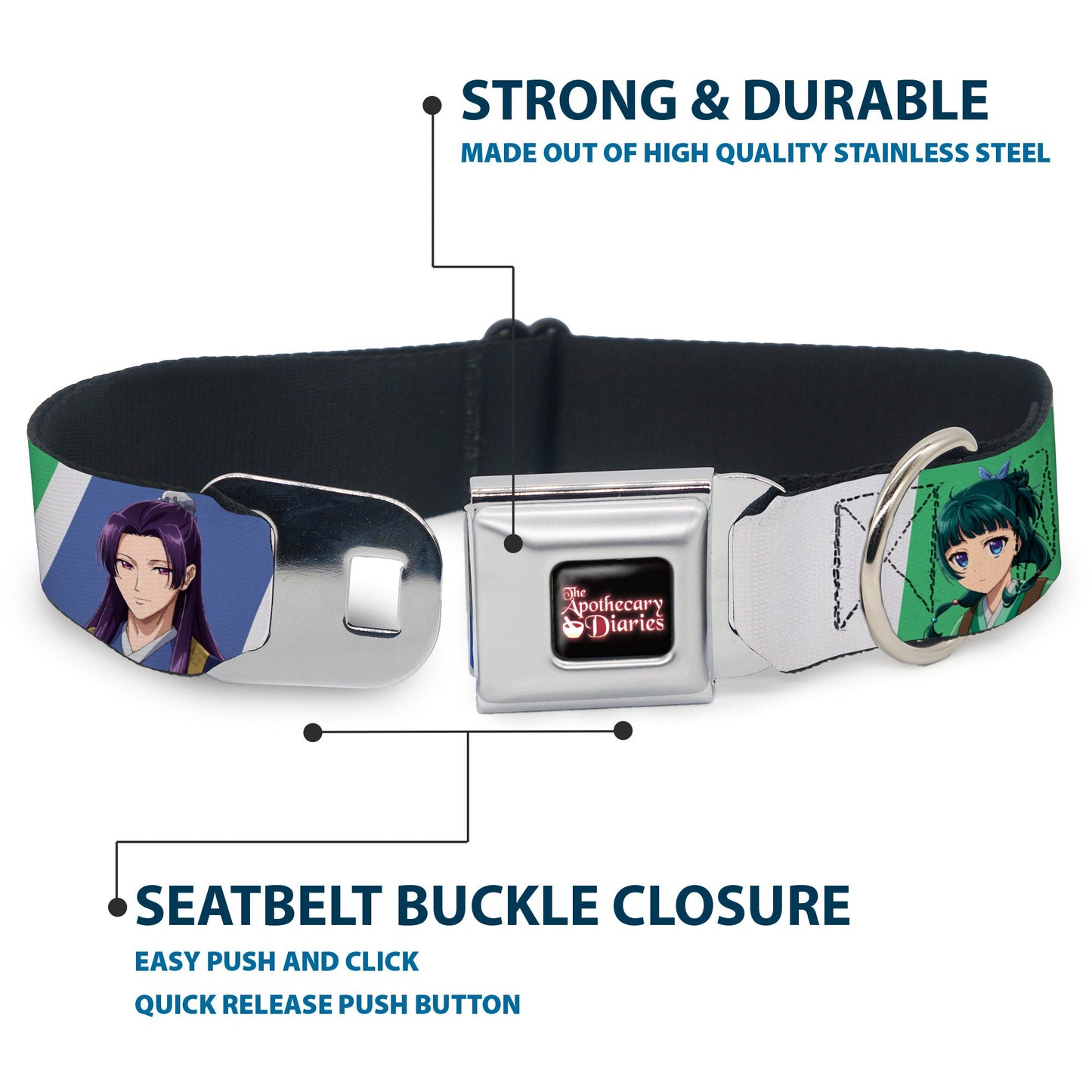THE APOTHECARY DIARIES Title Logo Full Color Black/Red/White Seatbelt Buckle Collar - The Apothecary Diaries Jinshi and Maomao Pose Blocks White/Blue/Green
