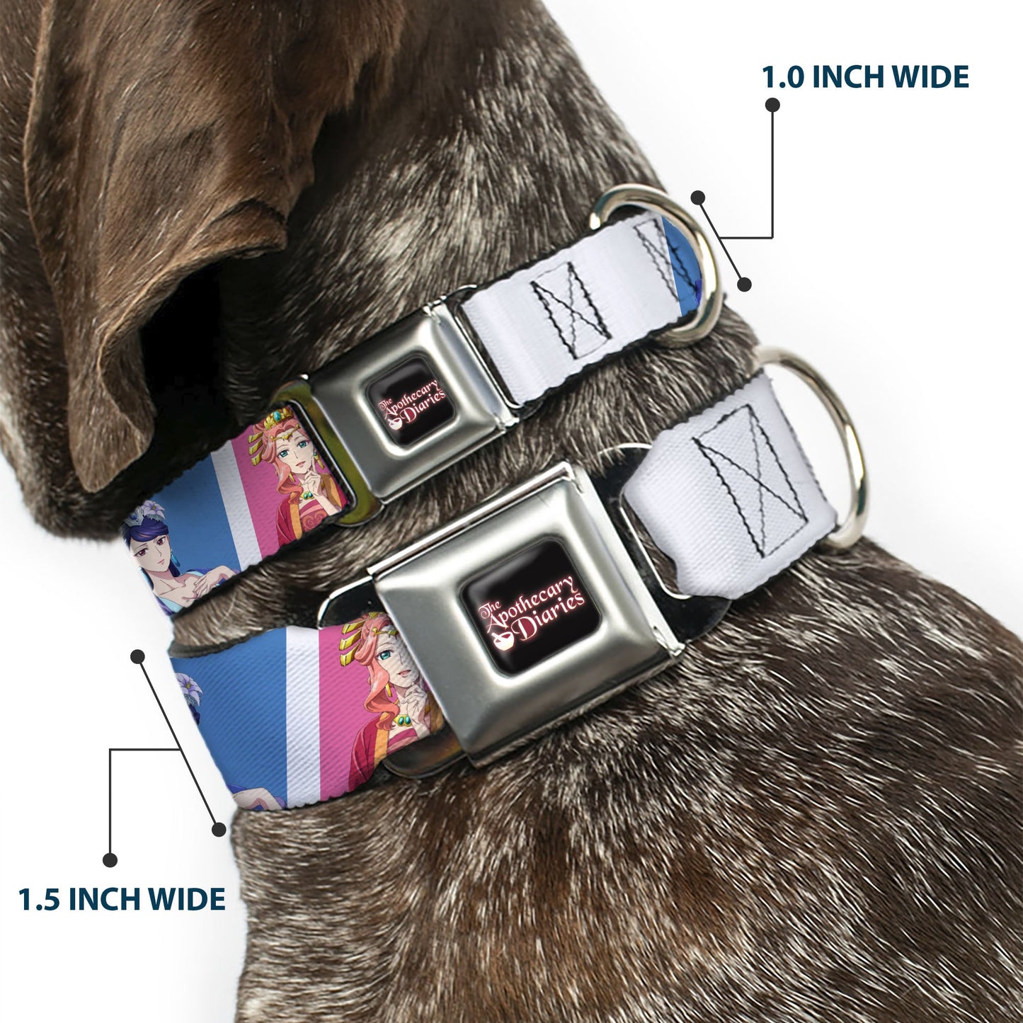 THE APOTHECARY DIARIES Title Logo Full Color Black/Red/White Seatbelt Buckle Collar - The Apothecary Diaries Gyokuyo and Lihua Pose Blocks White/Pink/Blue