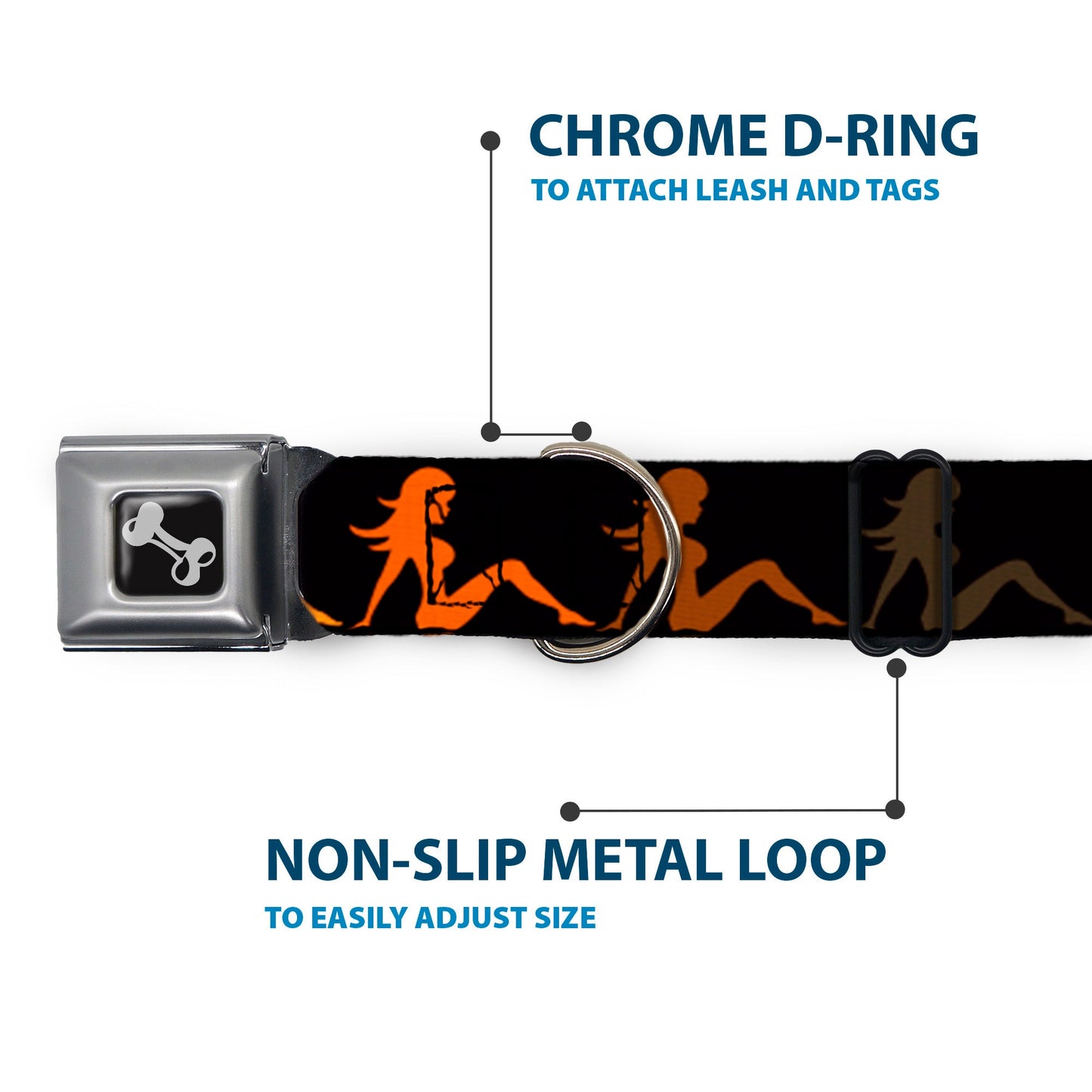 Dog Bone Seatbelt Buckle Collar - Mud Flap Girl Repeat Black/Orange Fade