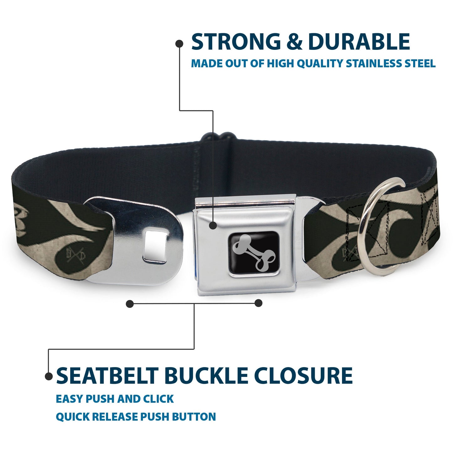 Dog Bone Seatbelt Buckle Collar - BD AUTHENTIC SEATBELT BELT SINCE 1993 Flames Olive/Tan