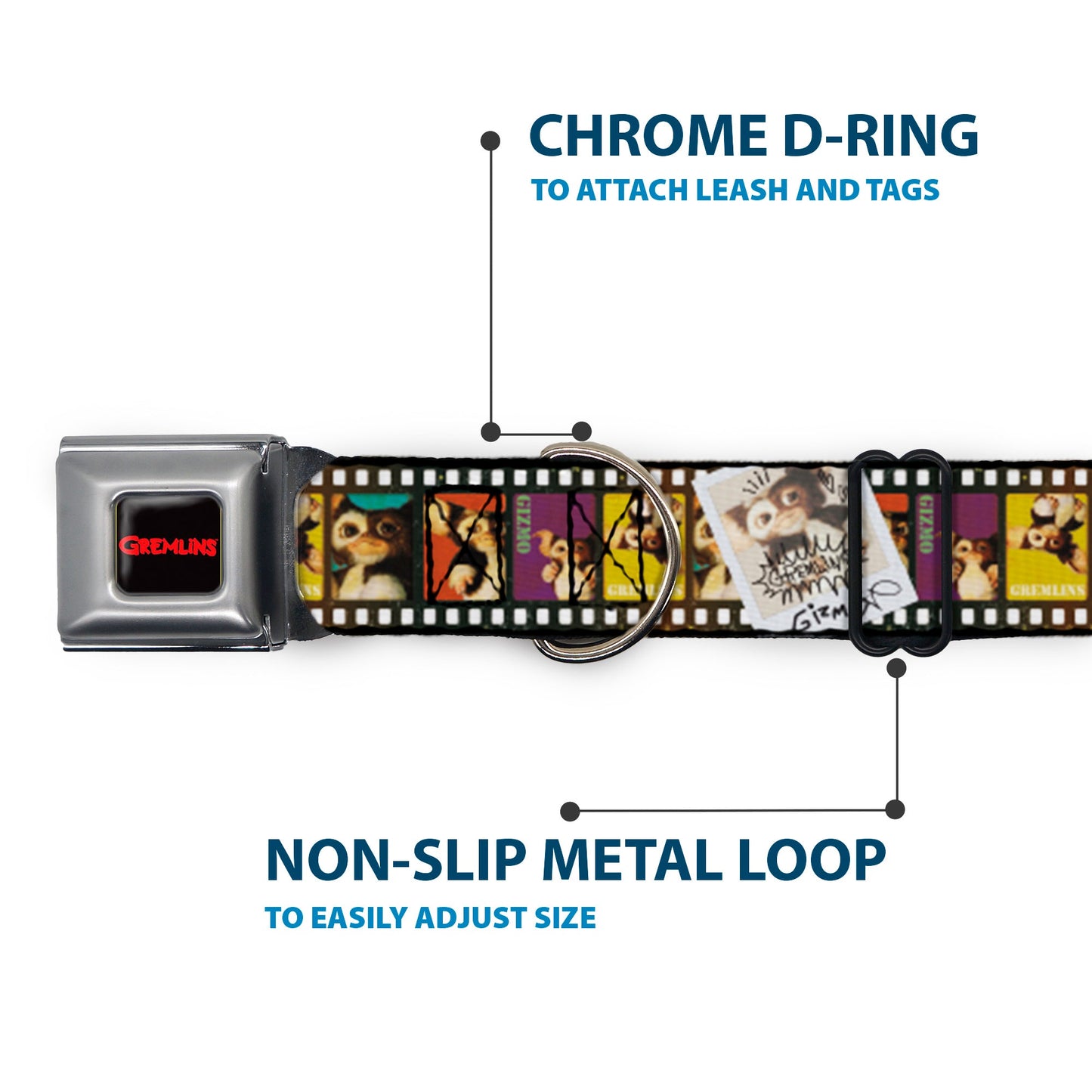 GREMLINS Text Logo Full Color Black/Red Seatbelt Buckle Collar - Gremlins Gizmo Filmstrip Poses Multi Color