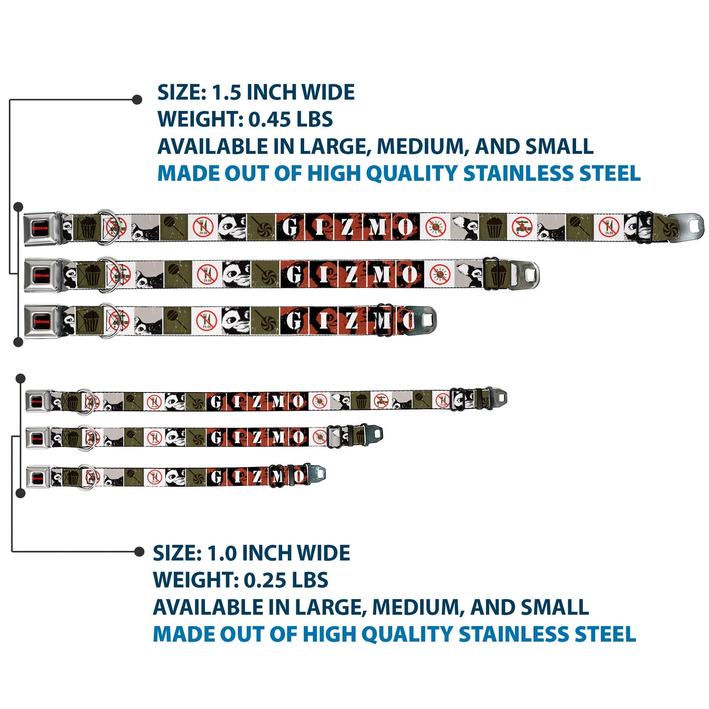 GREMLINS Text Logo Full Color Black/Red Seatbelt Buckle Collar - Gremlins GIZMO Poses/Rules Blocks Red/Greens/Grays/White