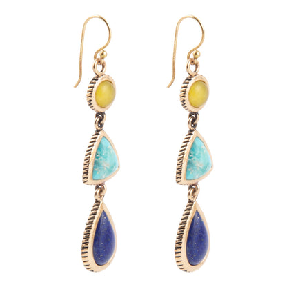 Yellow Quartz and Blue Turquoise Golden Drop Earrings