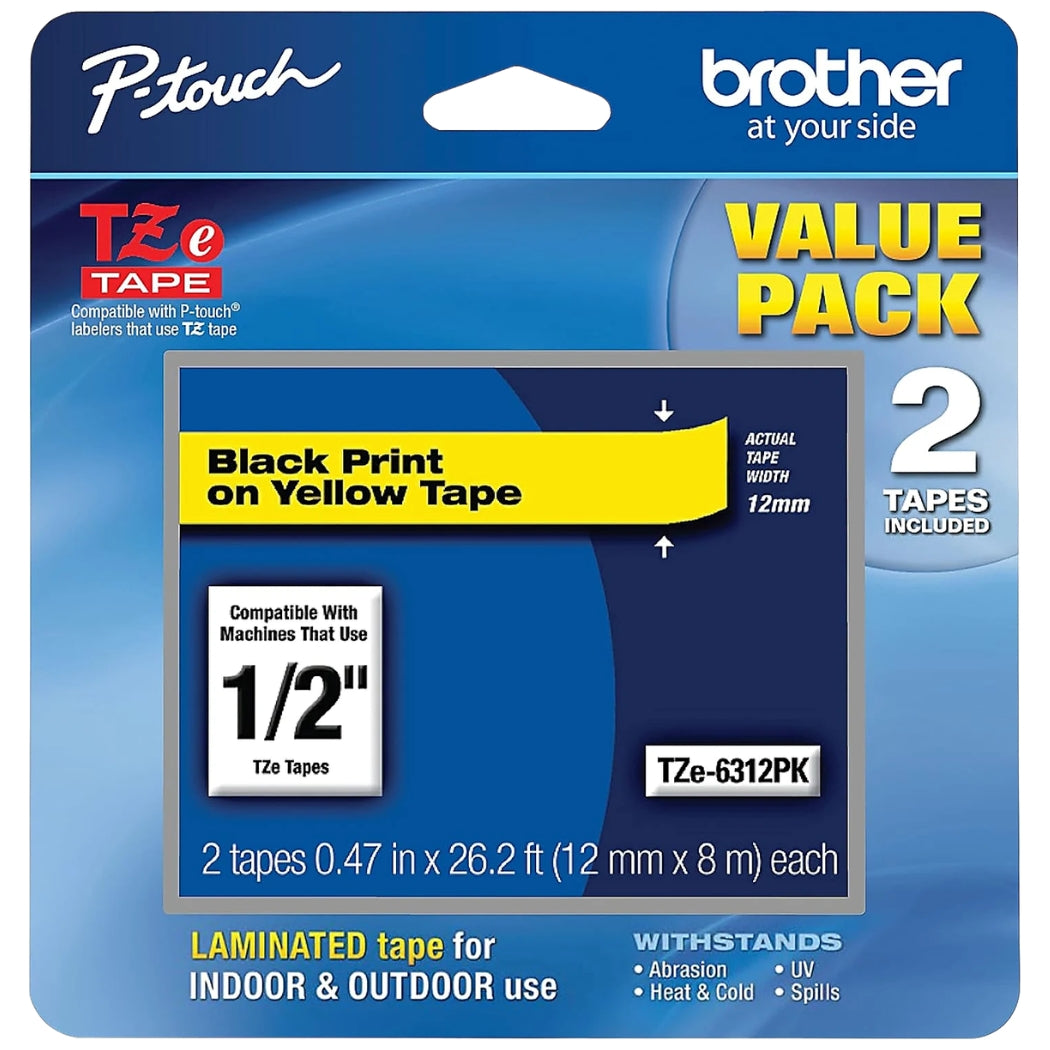 New, Pre-owned, Genuine Brother P-Touch, Black on Yellow Tape ½” (12mm) Laminated P-Touch Tape, TZe-6312Pk