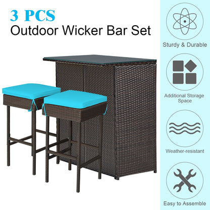 3PCS Patio Rattan Wicker Bar Table Stools Dining Set Cushioned Chairs Garden HW62380