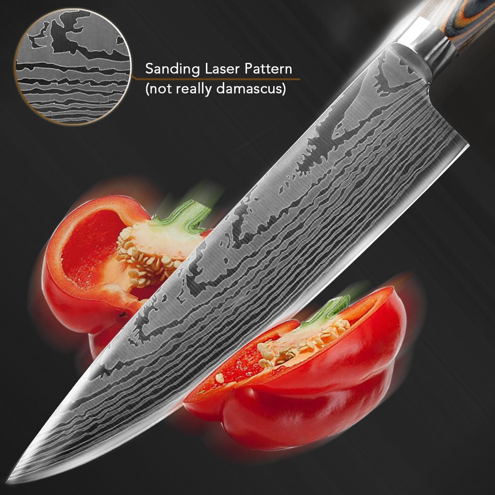 Chef Knife Set - 7CR17 440C High Carbon Stainless Steel Blades with Imitation Damascus Design and Precision Laser Finish for Culinary Mastery