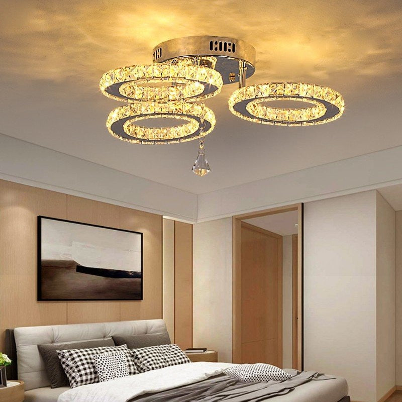 Crystal Chandelier Ceiling Lamp 3 Rings Chrome Finish Modern Flush Mount Ceiling Light Fixtures for Bedroom Living Room Kids