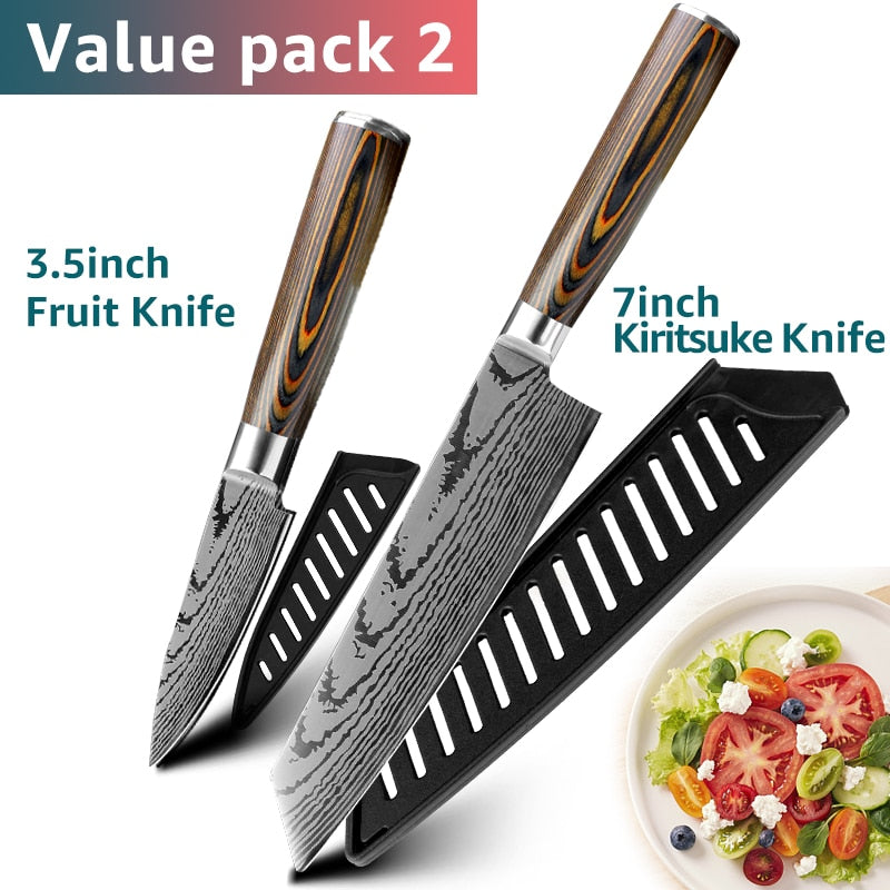 Chef Knife Set - 7CR17 440C High Carbon Stainless Steel Blades with Imitation Damascus Design and Precision Laser Finish for Culinary Mastery