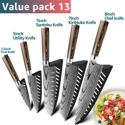 Chef Knife Set - 7CR17 440C High Carbon Stainless Steel Blades with Imitation Damascus Design and Precision Laser Finish for Culinary Mastery