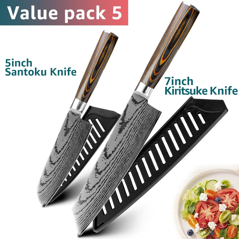 Chef Knife Set - 7CR17 440C High Carbon Stainless Steel Blades with Imitation Damascus Design and Precision Laser Finish for Culinary Mastery