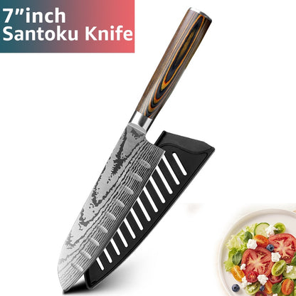 Chef Knife Set - 7CR17 440C High Carbon Stainless Steel Blades with Imitation Damascus Design and Precision Laser Finish for Culinary Mastery