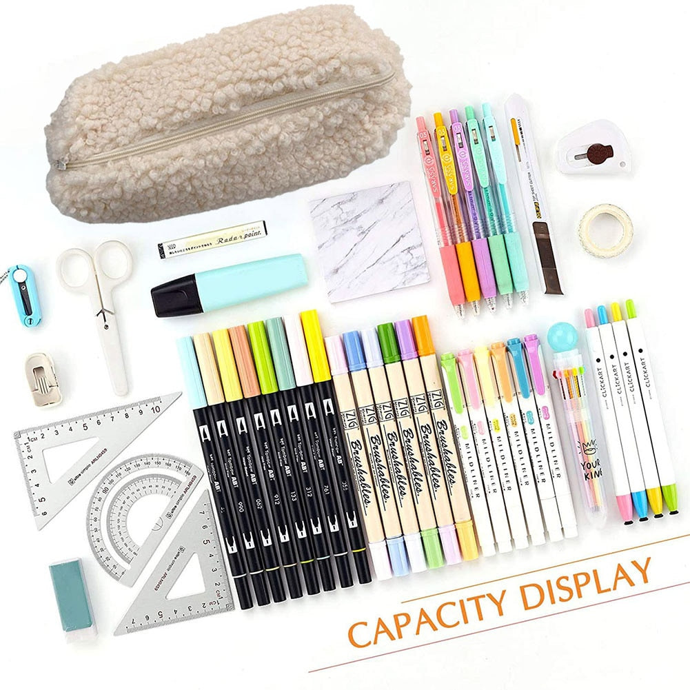 Lambswool Pencil Case Pen Pouch Plush Kawaii Zipper Bags Cosmetic Make Up Organizer Pouch School Office Stationery Supplies