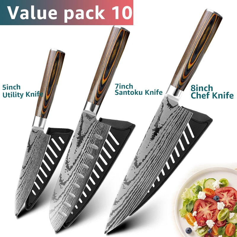 Chef Knife Set - 7CR17 440C High Carbon Stainless Steel Blades with Imitation Damascus Design and Precision Laser Finish for Culinary Mastery