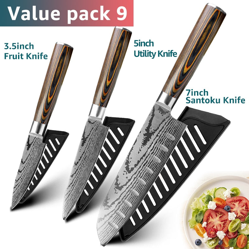 Chef Knife Set - 7CR17 440C High Carbon Stainless Steel Blades with Imitation Damascus Design and Precision Laser Finish for Culinary Mastery