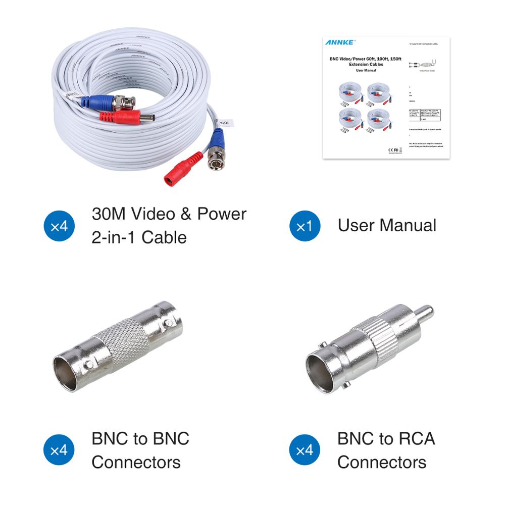 ANNKE 4 Pack 30M 100ft CCTV Cable BNC + DC Plug Video Power Cable For Wire AHD Camera And DVR Surveillance System Accessories