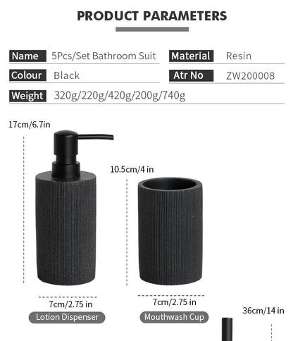 Sleek Black Bathroom Set: Soap Dispenser, Toothbrush Holder, Tumbler, Soap Dish, Mouthwash Cup, Toilet Brush Holder