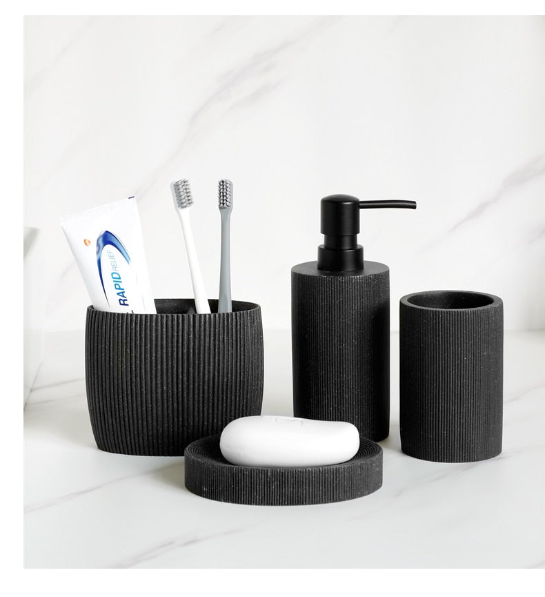 Sleek Black Bathroom Set: Soap Dispenser, Toothbrush Holder, Tumbler, Soap Dish, Mouthwash Cup, Toilet Brush Holder