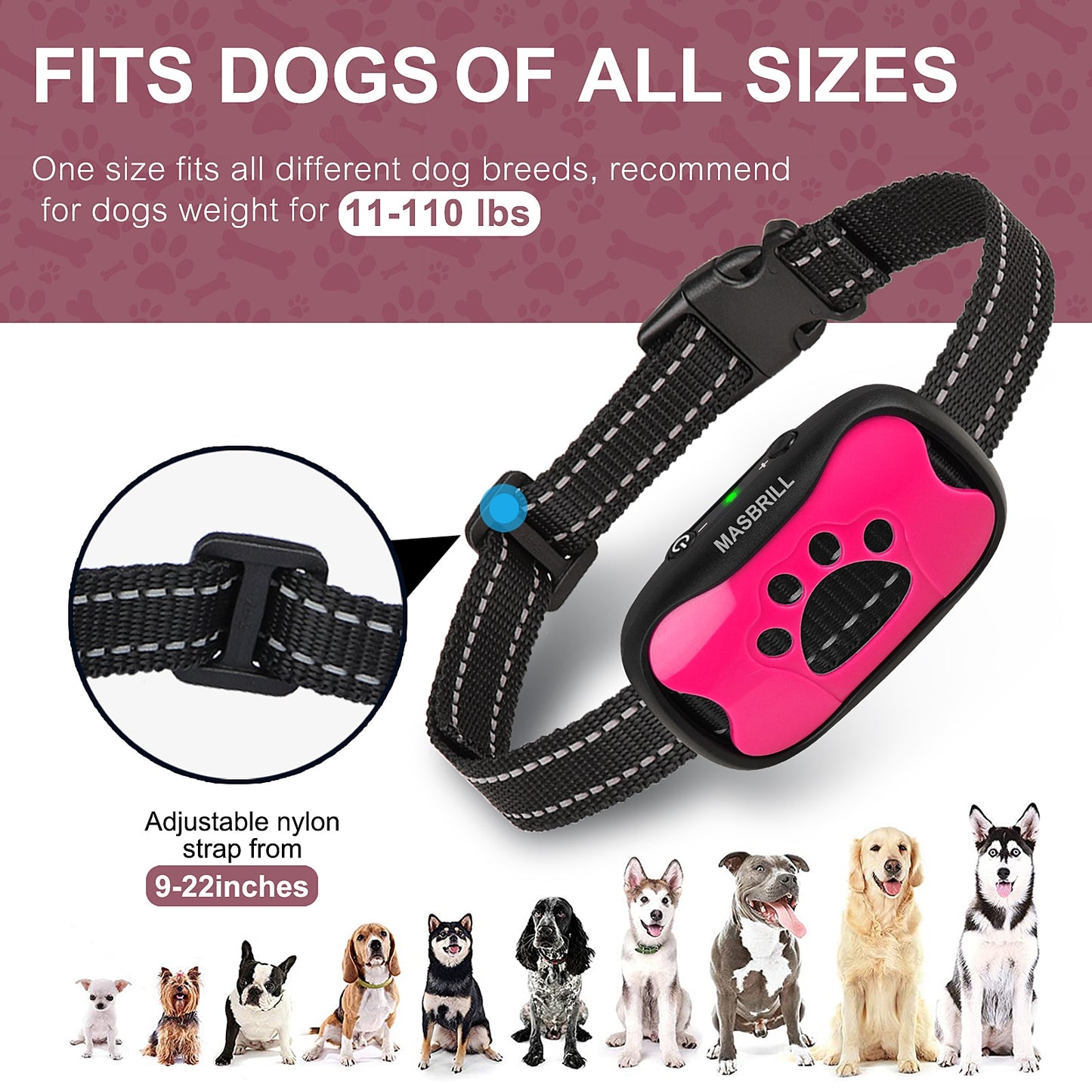 MASBRILL Dog Anti Barking Device Electric Ultrasonic Dogs Training Collar Dog Stop Barking Vibration Anti Bark Collar Large Dog