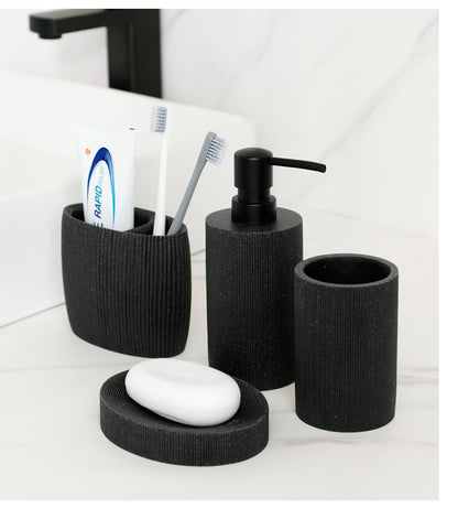 Sleek Black Bathroom Set: Soap Dispenser, Toothbrush Holder, Tumbler, Soap Dish, Mouthwash Cup, Toilet Brush Holder