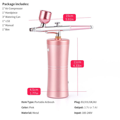 Top 0.4mm Pink Mini Air Compressor Kit Air-Brush Paint Spray Gun Airbrush For Nail Art Tattoo Craft Cake Nano Fog Mist Sprayer