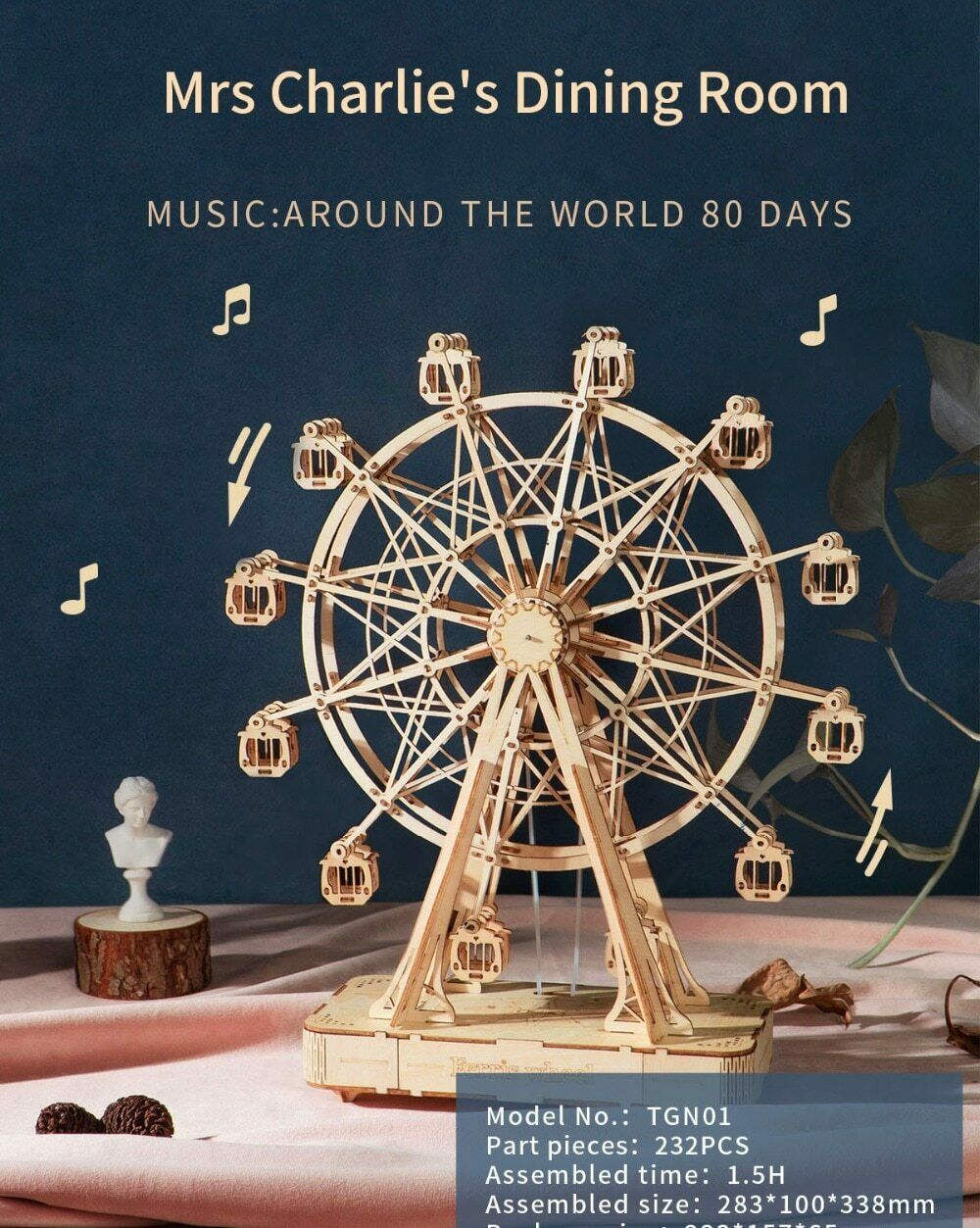 Robotime DIY Rotatable 3d Wooden Puzzle Music Box Ferris Wheel For Gifts